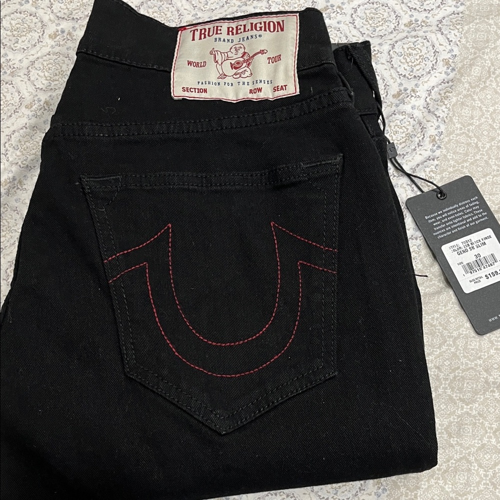 True Religion Men's Dark Jeans with Red Stitching